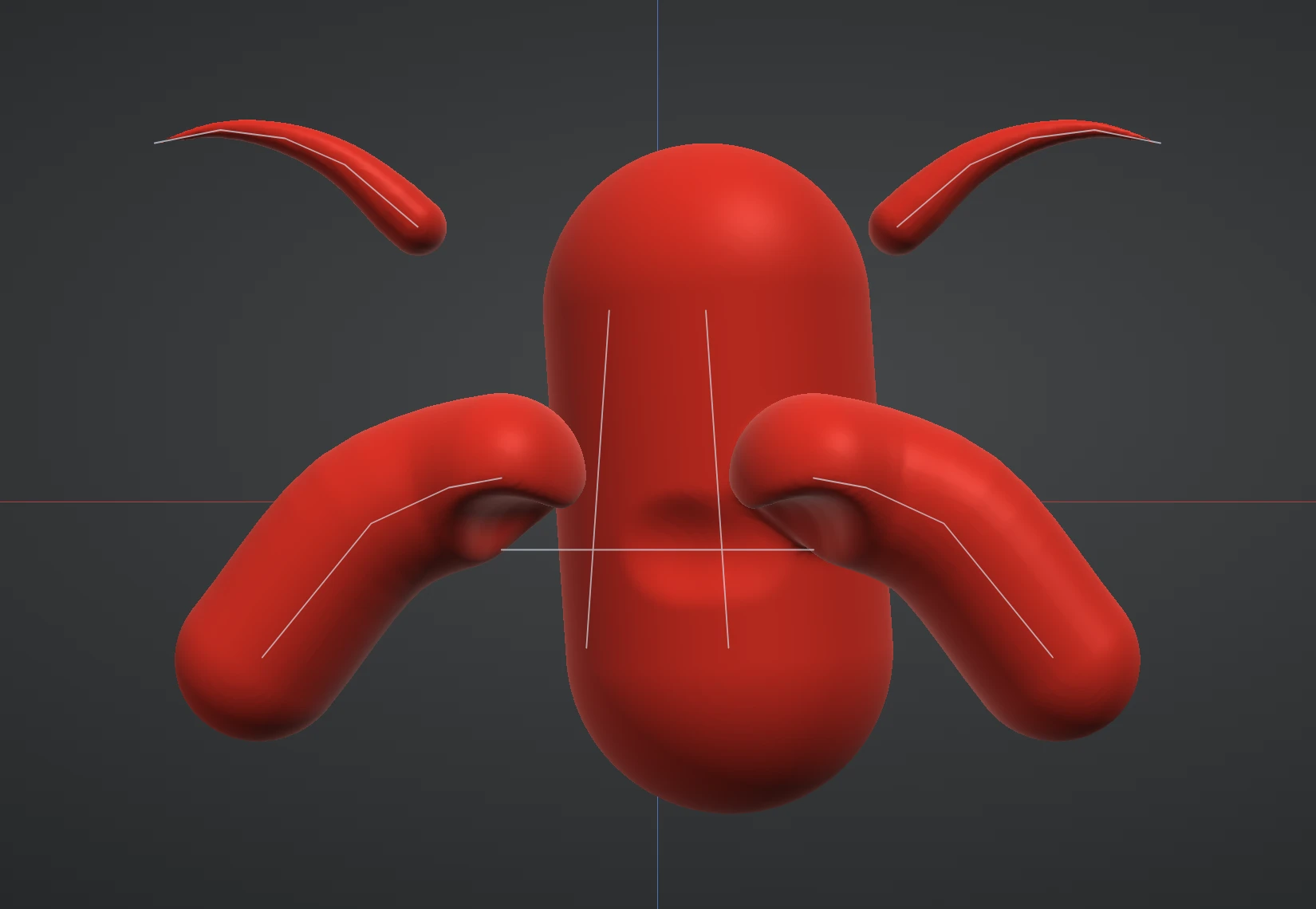 Blockout strokes in front of the camera: a fat body stroke, two bent arms, a carved notch and two tapered strands, mirrored across the middle, with Shift held to show each curve's centre line
