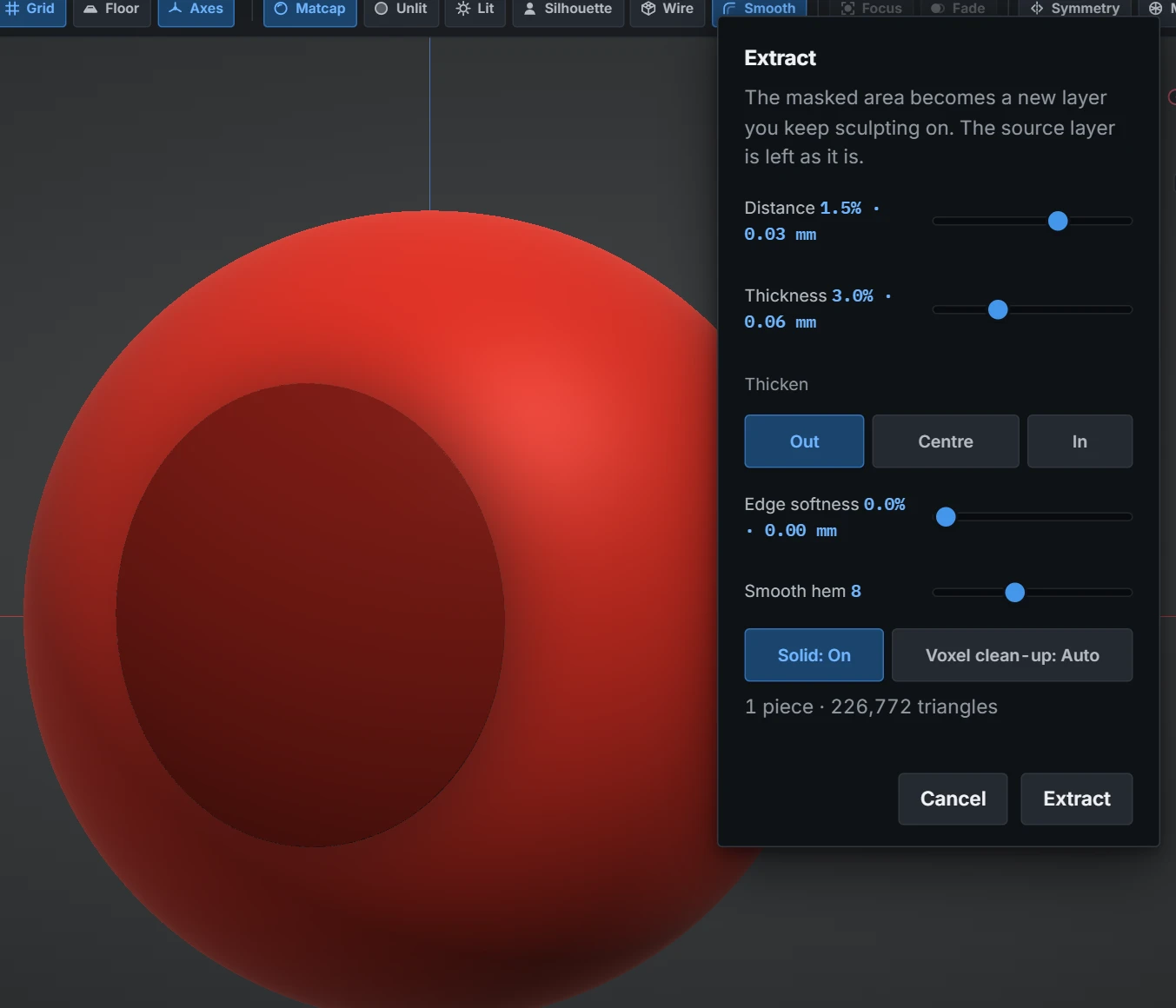 The Extract dialog beside a sphere with a masked patch, the preview shell floating over the mask
