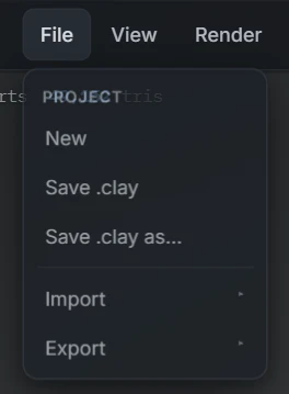 The File menu open: New, Save .clay, Save .clay as, Import and Export