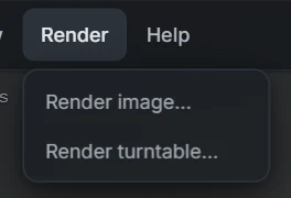 The Render menu open: Render image and Render turntable