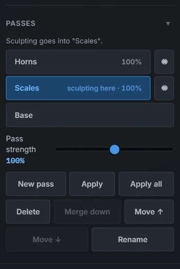The Passes section of the panel: two passes above the Base row, the Pass strength slider, and the New pass, Apply, Apply all, Delete, Merge down, Move and Rename buttons