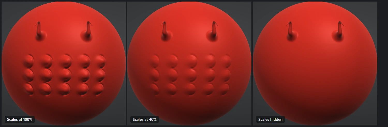 The same sculpt three times: with a pass of raised detail at 100%, at 40%, and hidden