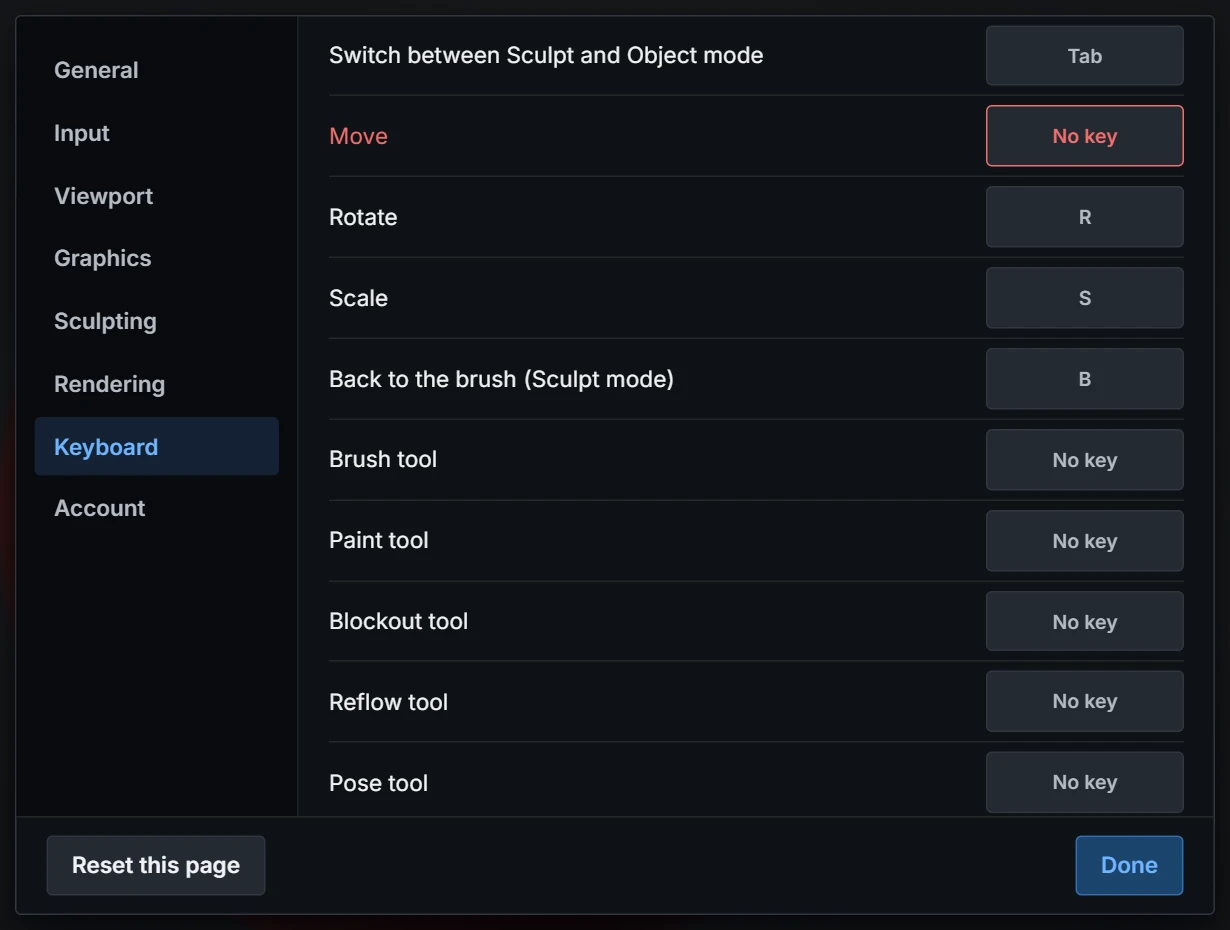 The Keyboard page of Preferences: a list of actions each with its key, and one action shown in red with No key