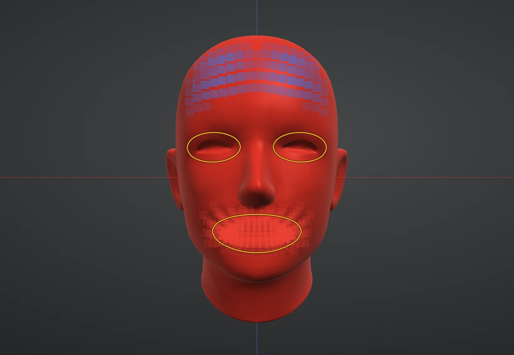 The same head with blue squares across the forehead and lighter red squares over the nose and around the mouth