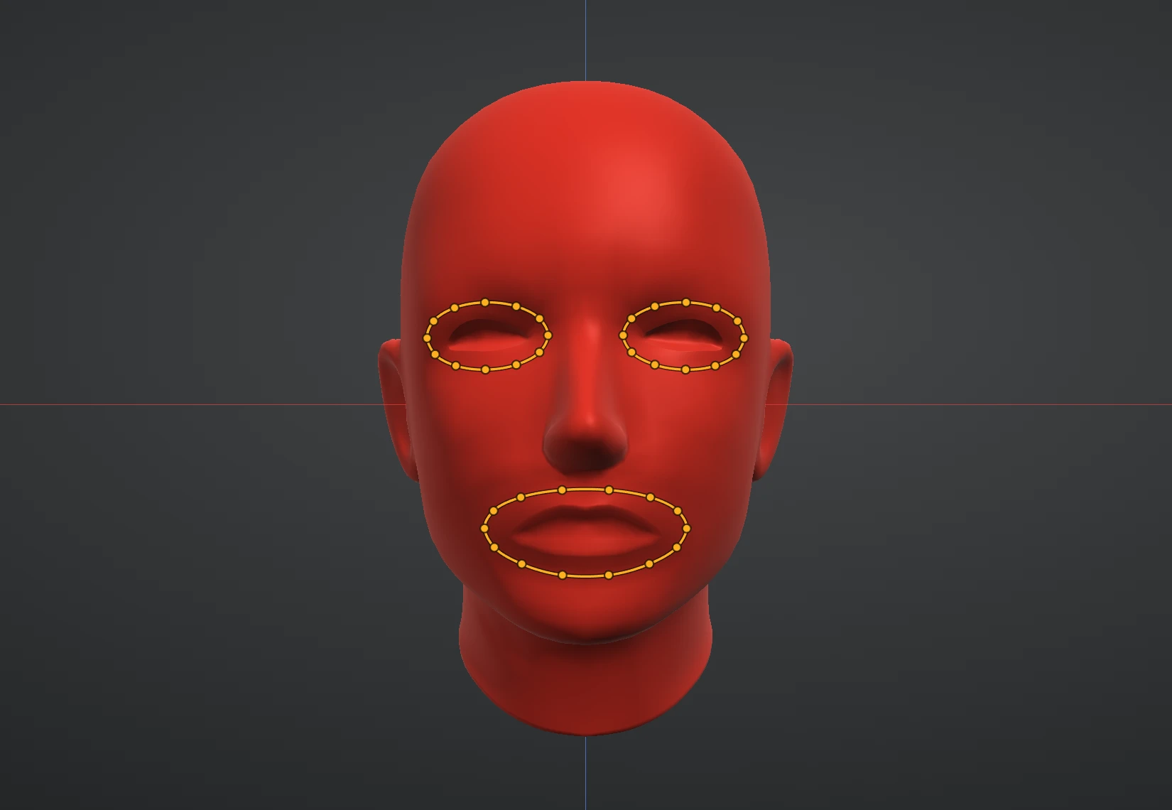 A head seen from the front with three amber loops drawn on it, one around each eye and one around the mouth, each with small round points along it