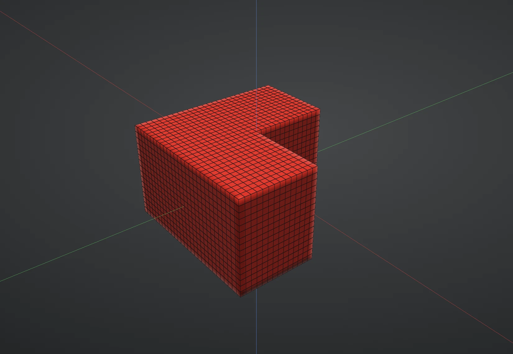 An L-shaped block covered in a square grid of quads, with rows of edges running exactly along its sharp corners