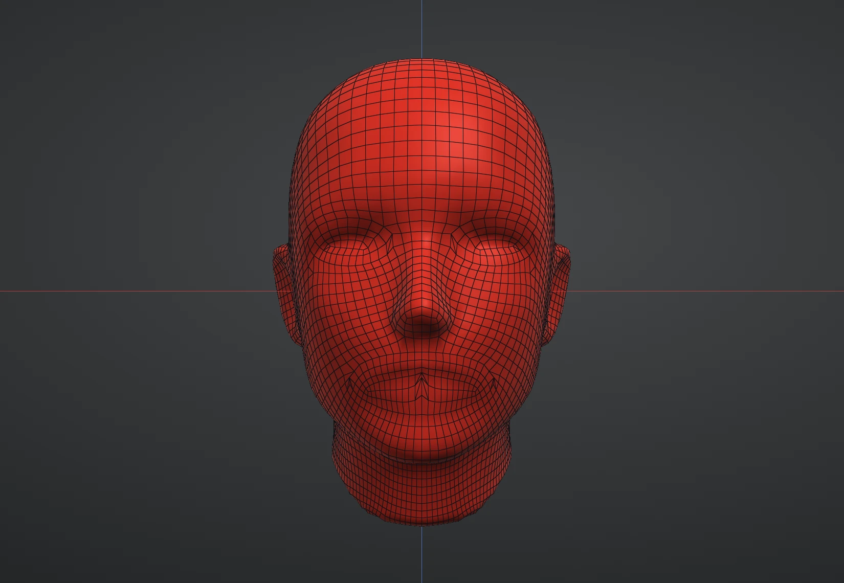A head covered in an even wireframe of four-sided faces, with rings of quads around the eyes and the mouth