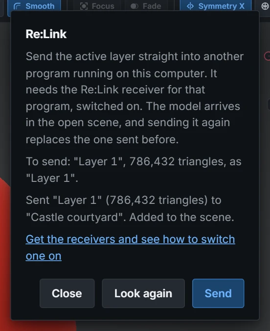 The Re:Link window after a send: it names the layer and its triangle count, and says the model was sent to the open project and added to the scene
