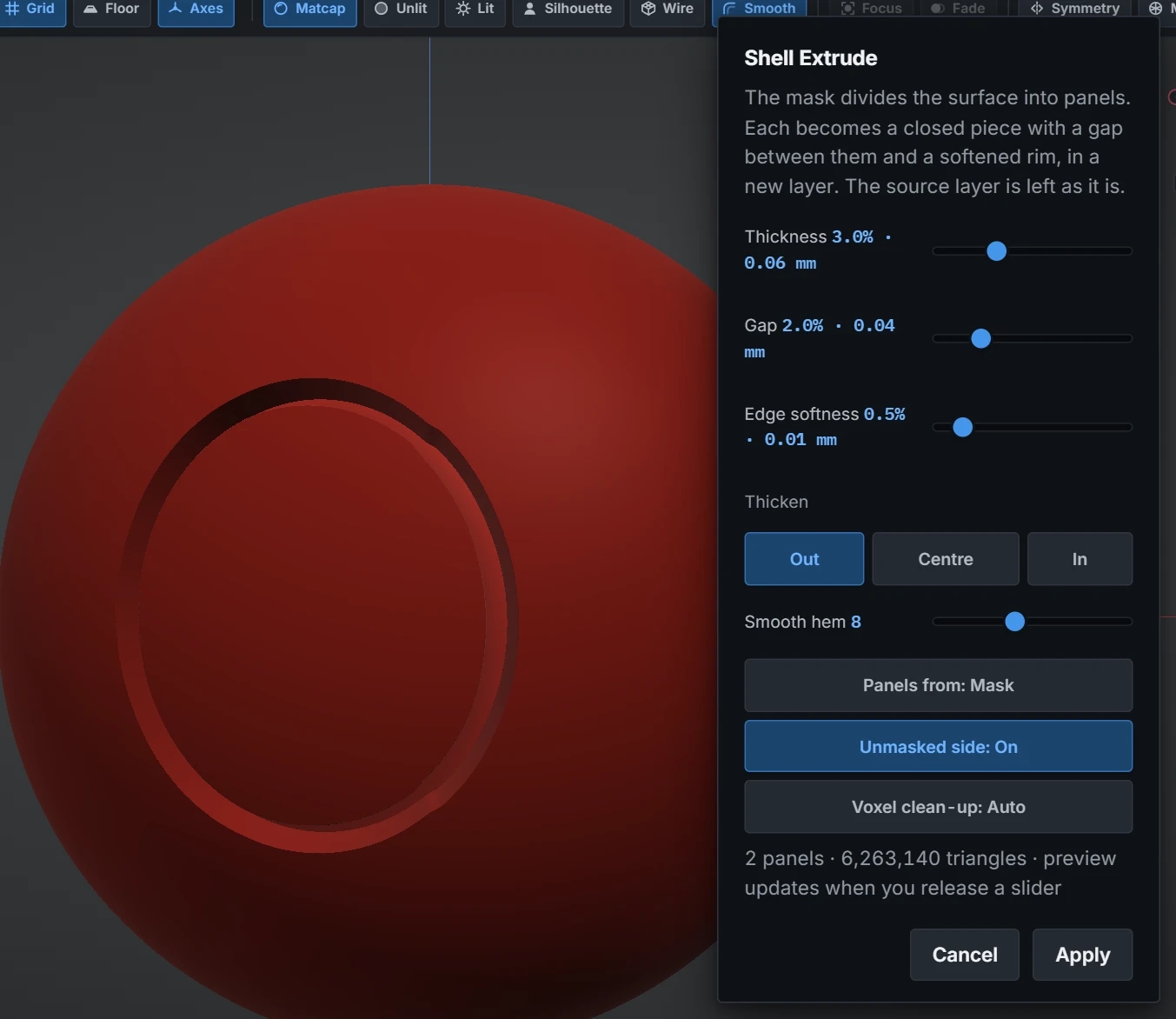 The Shell Extrude dialog beside a sphere with a masked band, the two panels previewing on the model with a gap between them