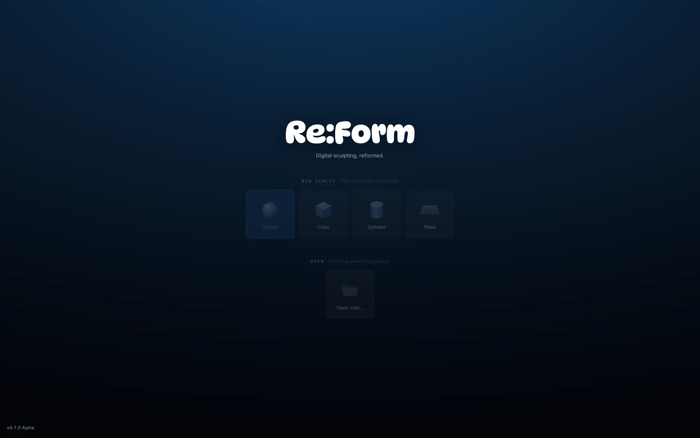 The start screen after signing in, showing New sculpt primitive tiles, an Open section, and autosave slots