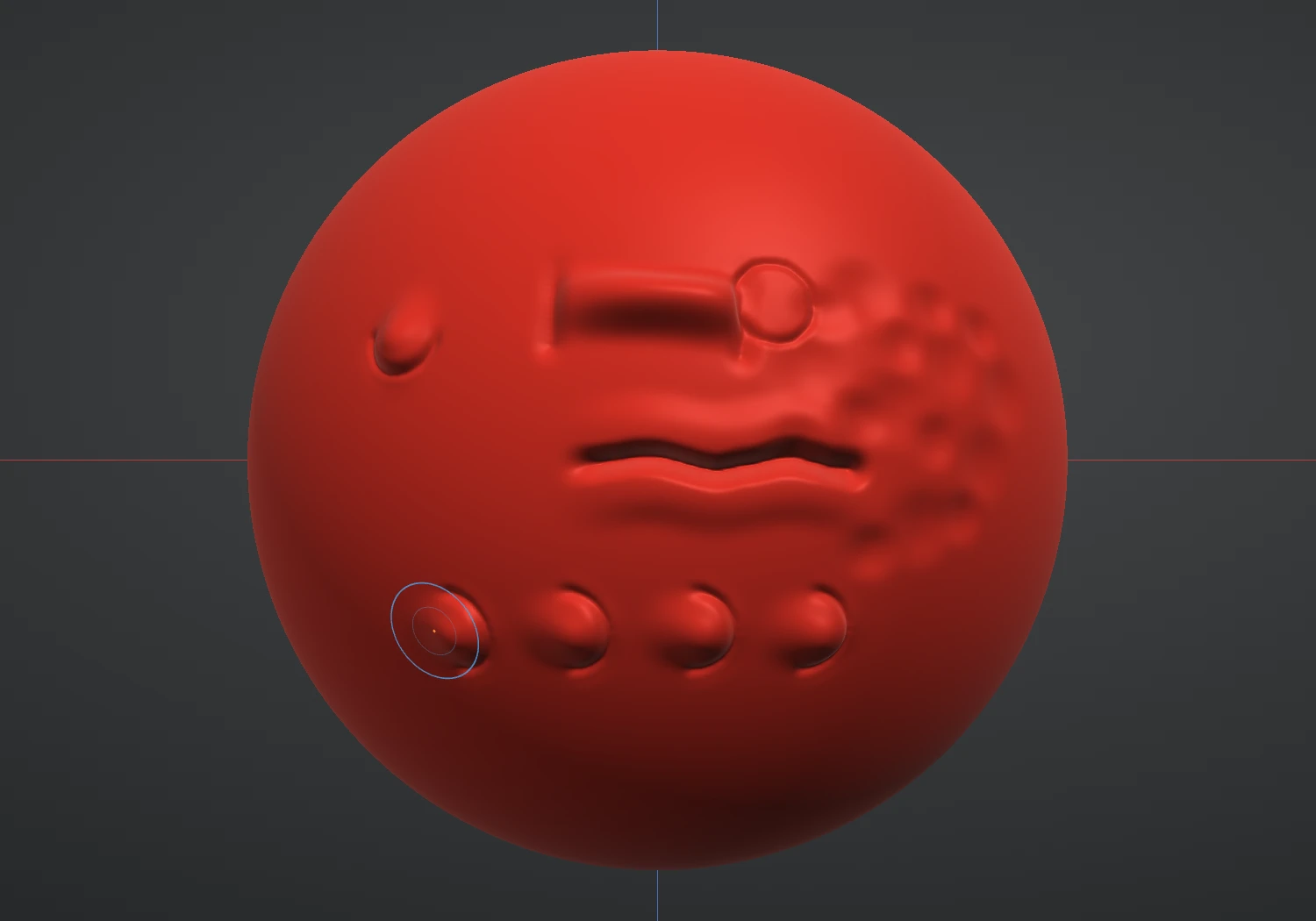 A sphere with the built-in macros played on it: a scale, a stitch, a rivet, a scar, a cluster of pores, and a row of scales laid along a drag with Repeat