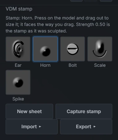The VDM stamp rows of the Brush panel: the Ear, Horn, Bolt, Scale and Spike tiles, then the New sheet, Capture stamp, Import and Export buttons